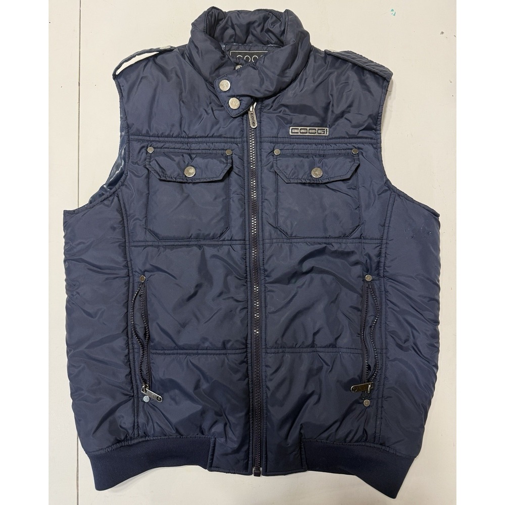 COOGI Men's Puffer Vest L Navy Blue Y2K Full Zip Up Streetwear Utility Cargo